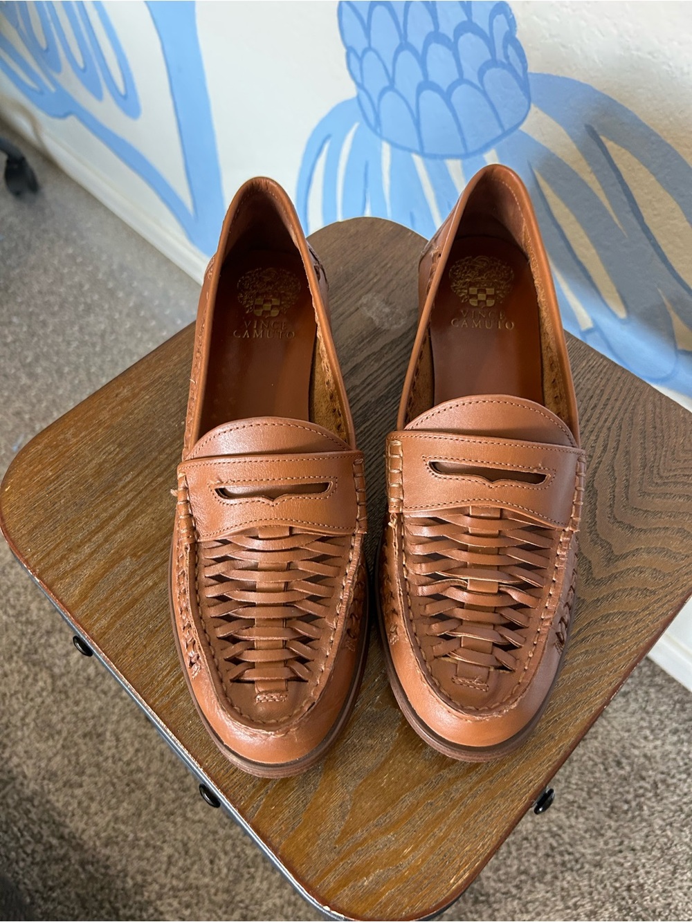 Vince Camuto Calie Woven Leather Penny Loafers - Cognac Brown Tan